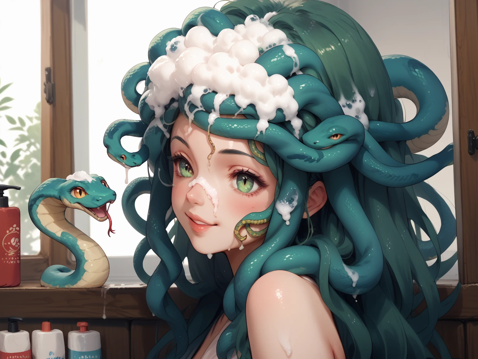 Japanese anime style illustration,
Teenager, Charming Medusa girl smiling, numerous snakes all with hair on head, face turning from side to side, looking at camera, washing head with shampoo, large amount of foam on head, snake covered in foam, snake with pained face.
