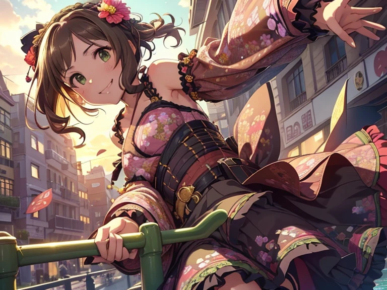 woman, cheerful grin, waving at the camera, looking at viewer, short hair, brown hair, green eyes, slim, beautiful breasts,  ((lolita fashion:1.5),(petticoat pannier:1.4),(high-waisted, flowing skirt with kimono motifs:1.6),(wrap-around bodice with obi-like belt:1.2),(large flower pattern:1.3),(long flared kimono sleeves:1.1),(braided boots:1.3)), 20-year-old, in the city, with a rainbow, with a flower, in the evening, cute, the anime one, soft lines, upper body, from front, Golden hour high resolution, masterpiece,  textured skin, 