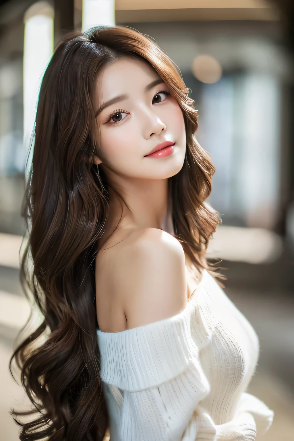 (( top quality、8k、masterpiece：1.3))、((( Korean woman))),((( dark wavy brown hair ))),sharp focus,(1 person), A beautiful woman with a perfect style ,Vertical Scenery ：1.2、 full body 1 .2(( brunette 、More Shin-chan Yu-hei：1.2)), very detailed facial and skin textures, detailed eyes, Beautiful white skin ,pure," A beautiful woman with a perfect style ,  A woman with long, soft wavy hair .  She is wearing a white off-the-shoulder dress.,  wears natural and clean makeup . The background is blurry ,  A cozy atmosphere where the light shines softly .  A woman's expression is calm and warm ."
