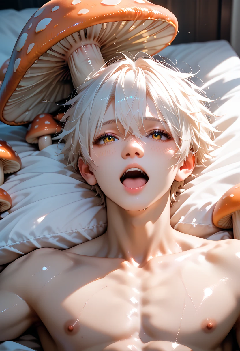  in bed，Lying down ， with the sun shining on him ， Korean comic style ，Look at the lens，front，Young and energetic， a strong, white-skinned figure，Topless，Showing off his muscular abs， White Skin， a handsome face and a small face ，Mushroom head，Gasp ， blush,Boys， Glamorous Eyes ，whole body