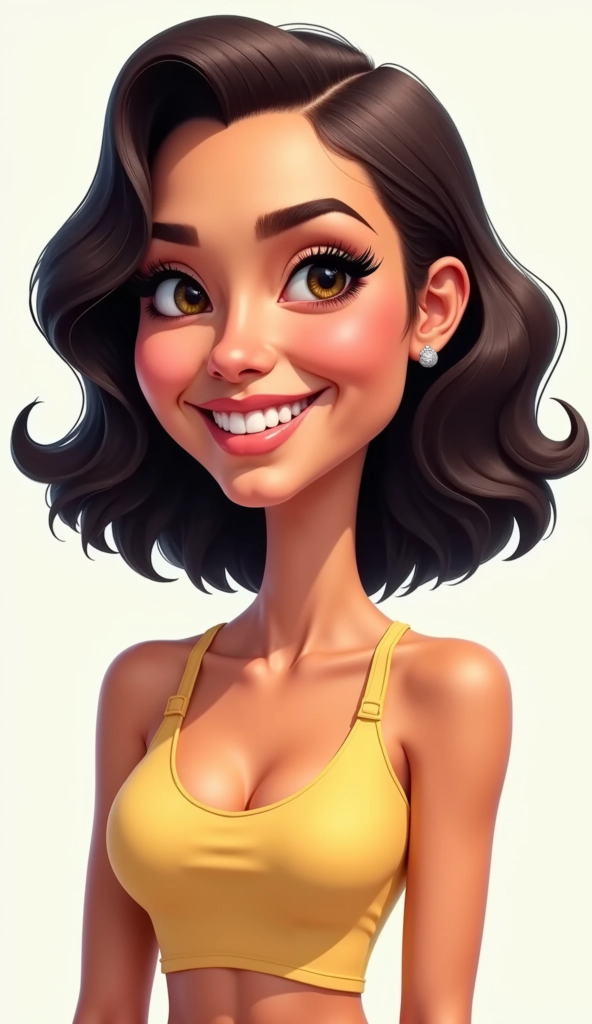 caricature of a tall woman, tan color, beautiful eyes, thick eyelashes, velvety eyebrows, thick wavy hair, age 20 years, bob cut hairstyle. simple background.