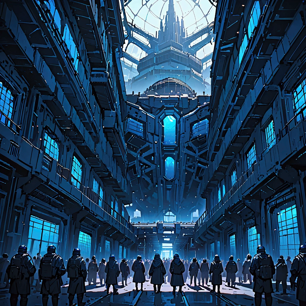 masterpiece, newest, absurdres, safe, high detailed, masterpiece. high detailed, Sci-fi Fortress, Metal Fortress, Large walls, Buildings, dystopian city inside, blue tones, silver blue and black, grim, people, greenhouses, militarized fortress