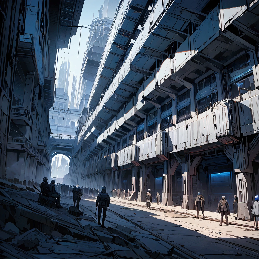 masterpiece, newest, absurdres, safe, high detailed, masterpiece. high detailed, Sci-fi Fortress, Metal Fortress, Large walls, Buildings, dystopian city inside, blue tones, silver blue and black, grim, people, greenhouses, militarized fortress