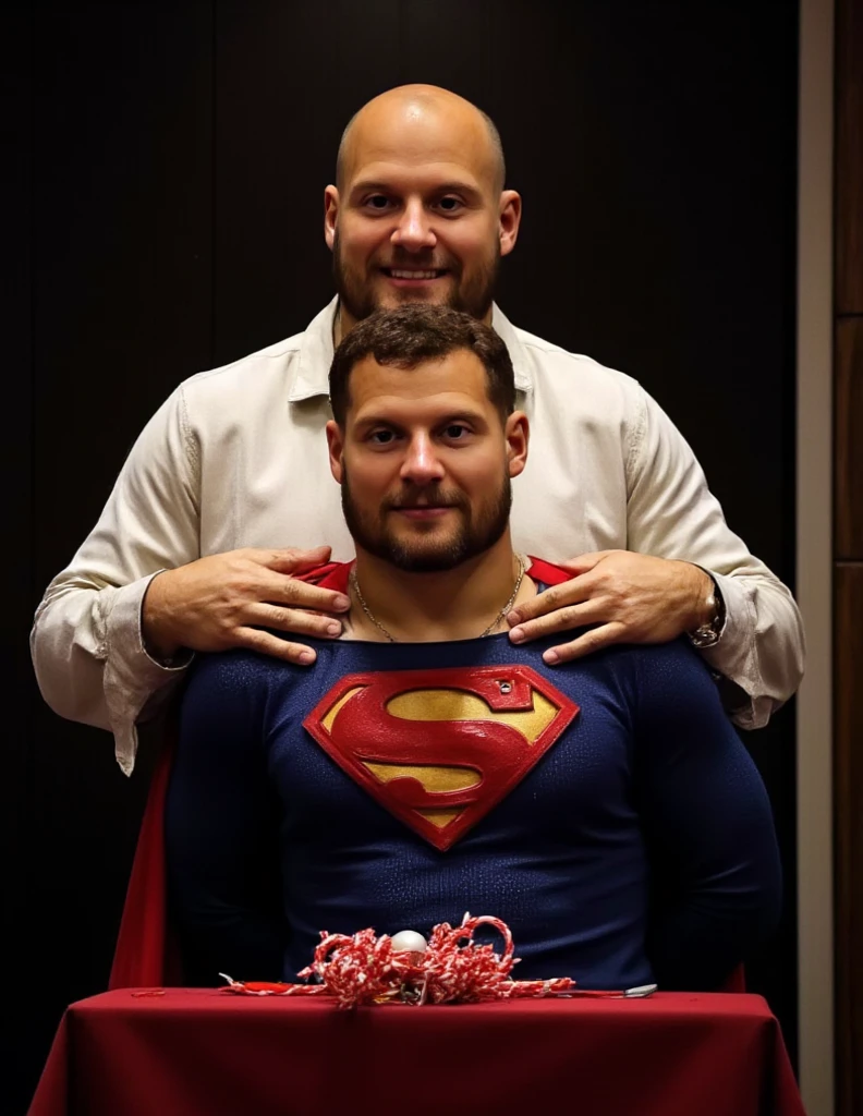 Superman gives himself to Lex as a Christmas present. Behind superman stands Lex is bald man wearing an unbuttoned  white denim shirt, touching Superman's chest with his hands.