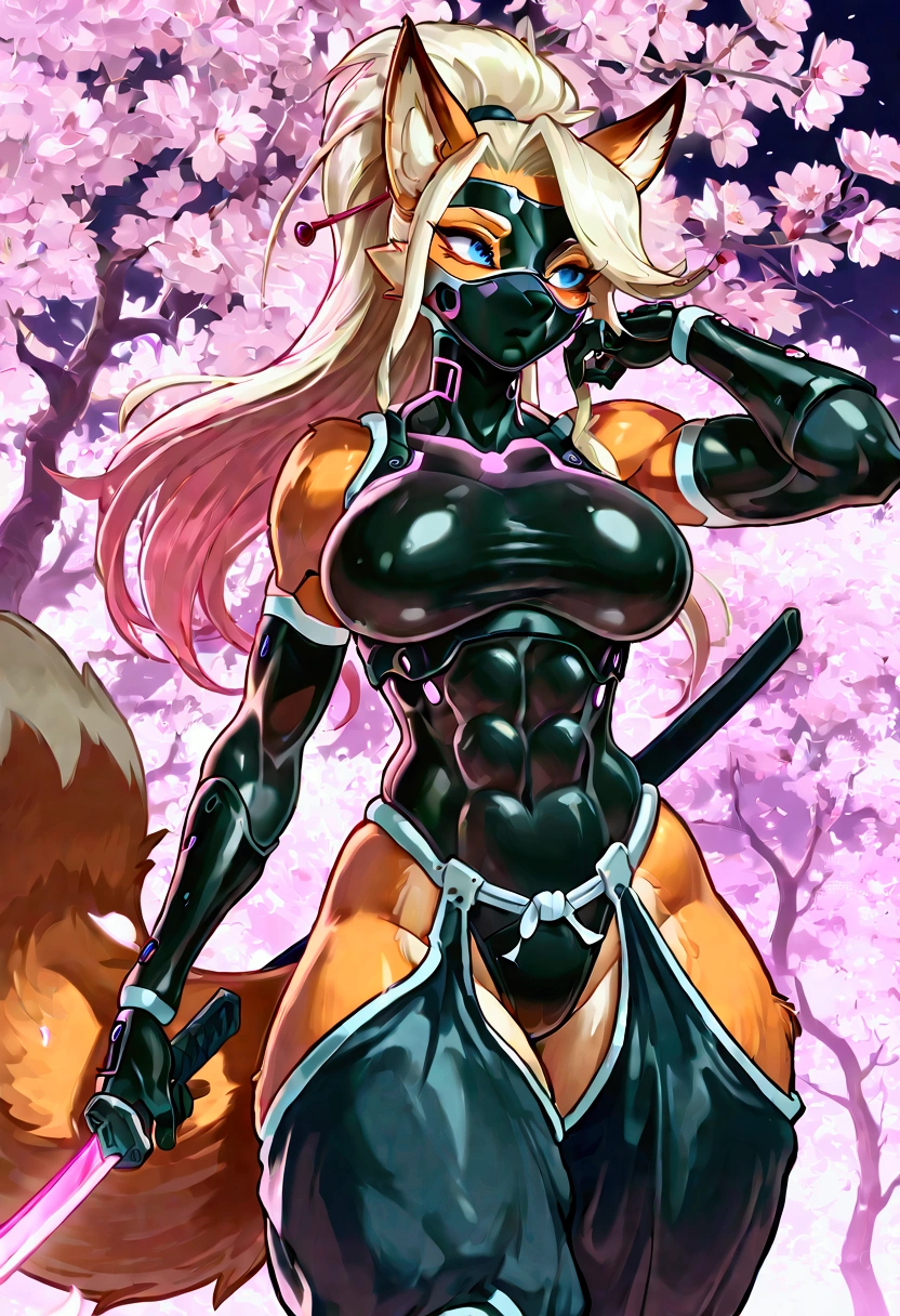 Anthropomorphic fox, female, sexy, ninja clothes, ninja mask, well-toned abs, stealthy, ninja attack, cherry tree blossom background, cyberpunk, long hairstyle