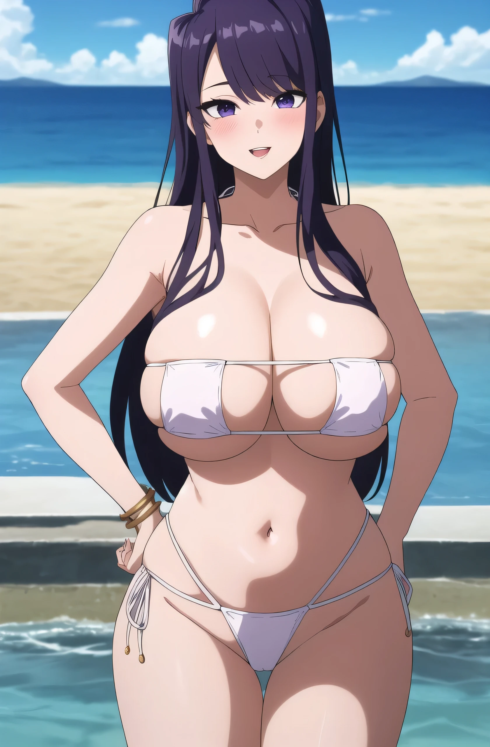 master piece,perfect breast, young woman, hands on hips, wide hips,:D, 1girl, Komi Shouko, solo, looking at viewer, blush, fucked silly, long hair, huge breasts, purple hair, navel, cleavage, bare shoulders, jewelry, collarbone, swimsuit, eyepatch bikini, cowboy shot, parted lips, purple eyes, bracelet, side-tie bikini bottom, beach, bikini, , white bikini, arm under breasts, EyepatchBikiniDef, (masterpiece: 1.0), (best_quality: 1.0), ultra high resolution, 4K, ultra detailed, photography, 8K, HDR, highres, absurders:1.2, Kodak portra 400, film grain, blurred background, bokeh:1.2, lens flare, (vibrant_color:1.2) (Beautiful,Large_Breasts:1.6), (beautiful_face:1.5),(narrow_waist),