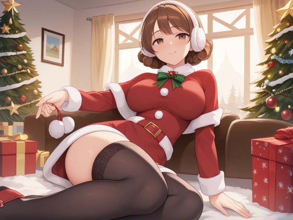 Masutepiece, Best quality, (highly detailed CG Unity 8k wallpaper) (Best quality), (best illustration), (Best shadows), 1girl, alone, Miku nakano, brown hair, blue eyes, beautiful detailed eyes , blue headphones around neck,Looking at viewer,((red Santa Claus suit with white details)),(cleavage),(red Santa Claus hat with white details),((black pantyhose)), in heat, , embarrassed, seductive, big breasts, medium waist, wide hips, wide thighs, POV (from below), room, room with fireplace, night, window with a view outside, standing,