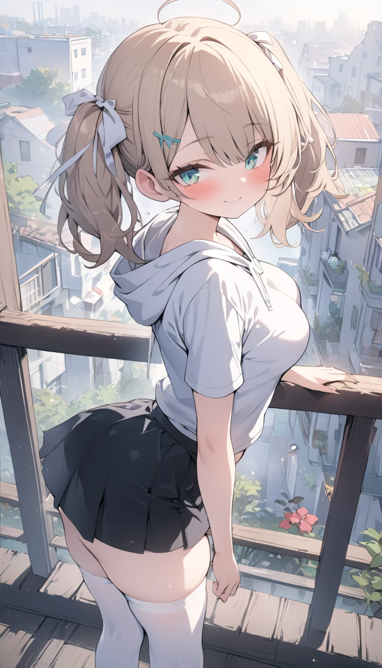 (masterpiece, best quality, 8k resolution, ultra high quality:1.2), 1girl, solo,light brown hair, medium breasts, T-shirt, white hoodie, short sleeves, black skirt, short skirt, greenish cyan eyes, short hair, hair ornament, stocking, white stocking, (detailed:1.2), blush, smile, medium twintails with white ribbon, standing on the balcony, foggy morning, from above