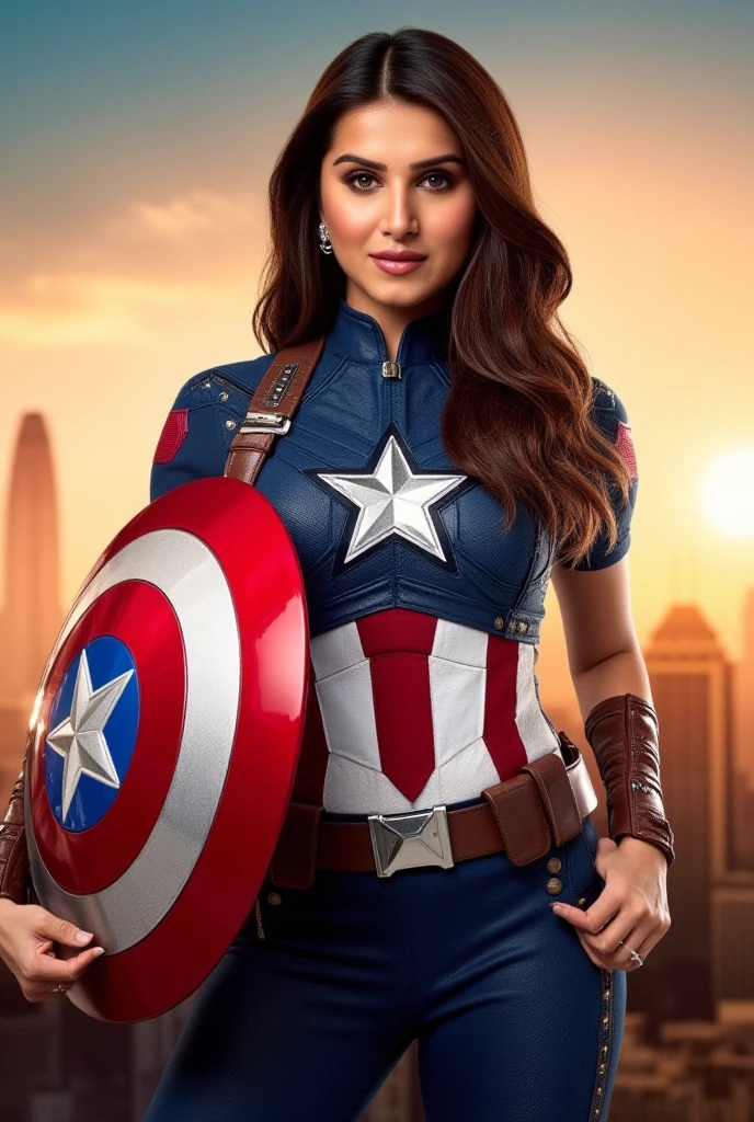 A dynamic and empowering illustration of Shraddha Kapoor dressed in a Captain America costume, which includes a fitted suit in red, blue, and white with the iconic star emblem prominently displayed on her chest. She confidently holds a vintage Captain America shield, reflecting light, standing amid a city skyline. The scene is vibrant, with dramatic lighting highlighting her features, and her hair is styled in loose waves. The background features a sunset sky, adding a sense of heroism and adventure to the image.