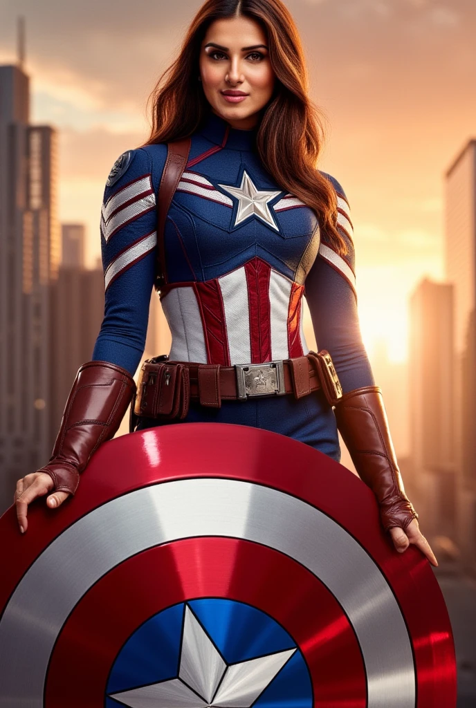 A dynamic and empowering illustration of Shraddha Kapoor dressed in a Captain America costume, which includes a fitted suit in red, blue, and white with the iconic star emblem prominently displayed on her chest. She confidently holds a vintage Captain America shield, reflecting light, standing amid a city skyline. The scene is vibrant, with dramatic lighting highlighting her features, and her hair is styled in loose waves. The background features a sunset sky, adding a sense of heroism and adventure to the image.