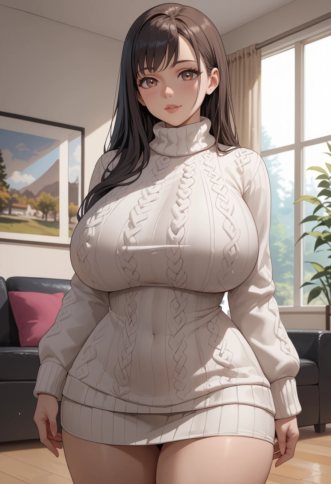  masterpiece,  best quality, extreme Detail, Young woman standing in living room ,  Young woman wearing a tight white winter sweater, ( deep neckline)  Young woman wearing a tight black maxi skirt , Young woman has extremely huge breasts , (80H), ( wide hips ), Young woman is slim, (voluptuous figure), Young woman looks at the viewer,  Young woman looks shy and friendly , Young woman has black long hair ,  Young woman has brown eyes ,