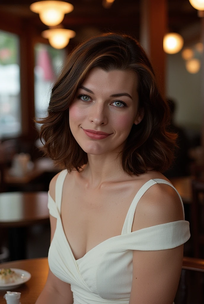 beautiful detailed photograph, shoulder-length, dark brown hair that is styled in loose waves, slightly tousled, giving her a casual yet polished appearance.  wearing a boatneck dress, standing in a cafe, looking at the viewer, smile