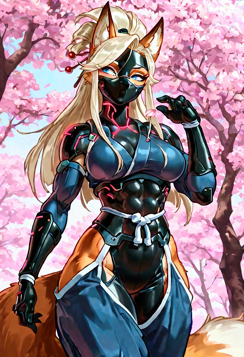 Anthropomorphic fox, female, sexy, ninja clothes, ninja mask, well-toned abs, stealthy, ninja attack, cherry tree blossom background, cyberpunk, long hairstyle