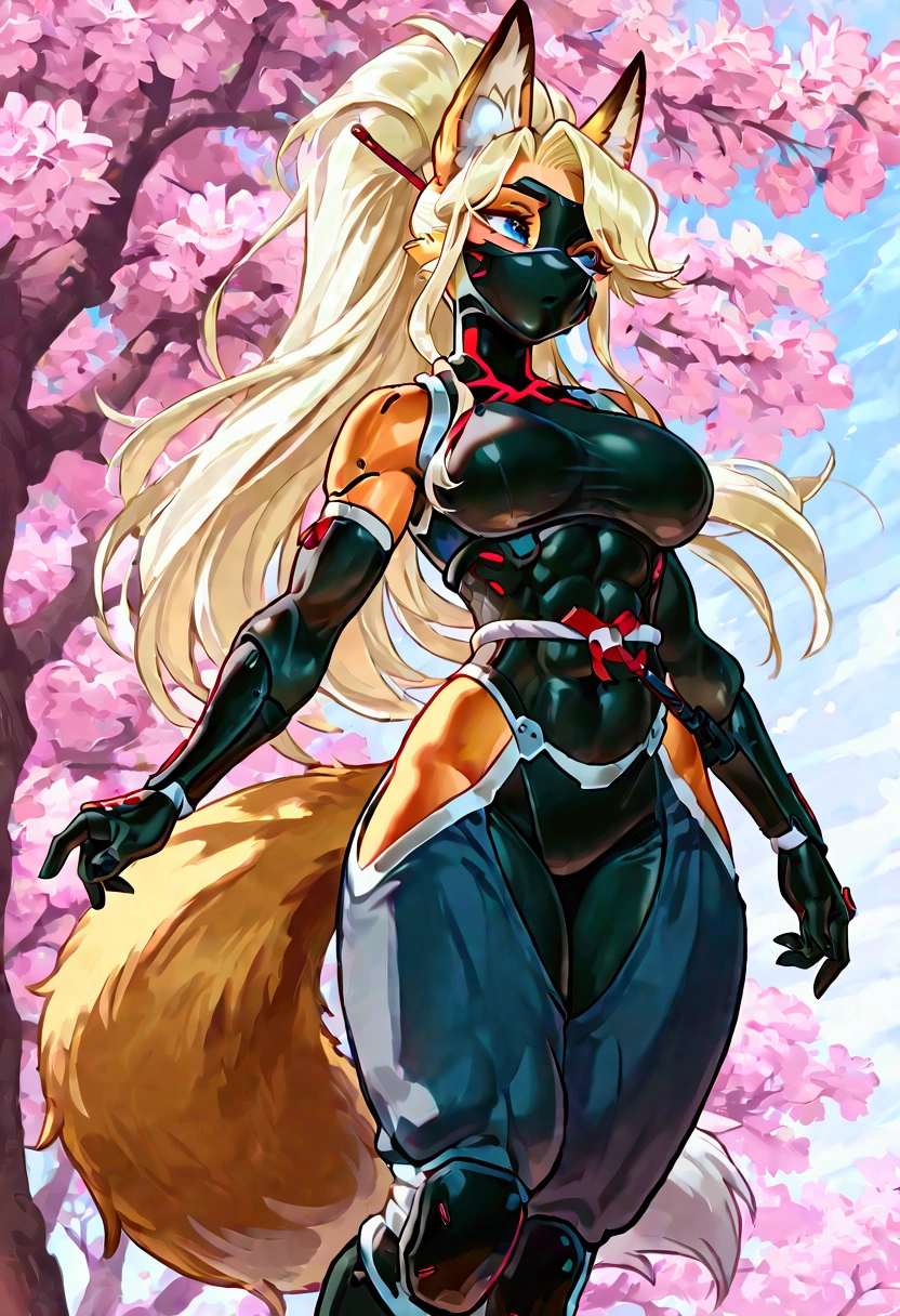 Anthropomorphic fox, female, sexy, ninja clothes, ninja mask, well-toned abs, stealthy, ninja attack, cherry tree blossom background, cyberpunk, long hairstyle