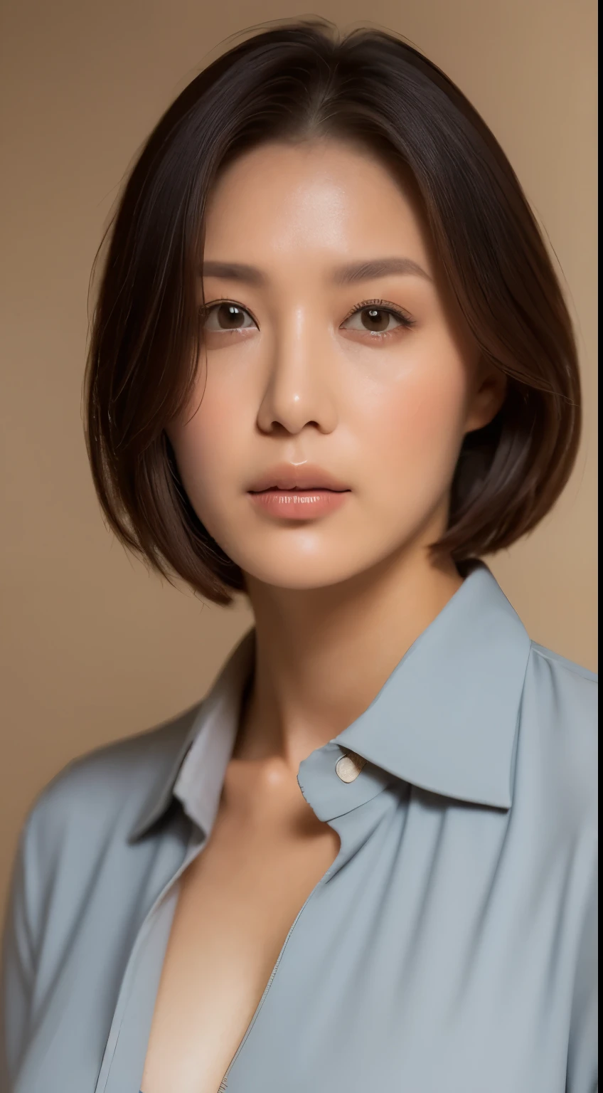 (masterpiece, best quality), soothing tones, muted colors, high contrast, natural skin texture, soft light, sharp, looking at viewer, Nature soft drop breasts, pale skin, transparent and delicate face, bare face, without makeup, nsfw,
cement brick wall background ,old cement wall background, half body photo, dark theme ,(business shirt:1.2), open shirt,