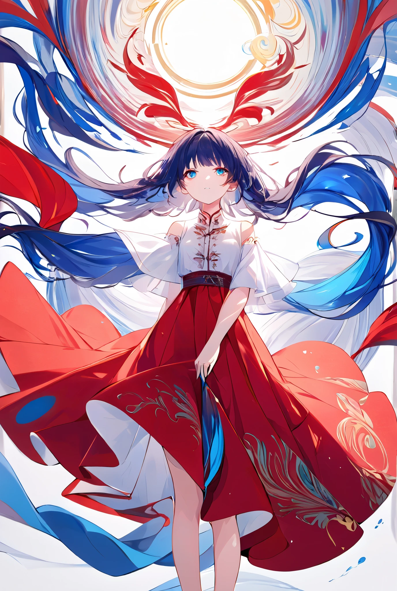 An anime composition of a girl standing amidst swirling ink-like patterns that radiate vibrant hues of crimson red, azure blue, and bright yellow. Set against a pure white background, the colors seem to breathe and flow as if alive, enhancing the surreal yet controlled atmosphere. The girl's elegant pose and delicate outfit bring a sense of balance to the dynamic energy of the surrounding abstract patterns, resulting in a polished and harmonious artwork. high res, masterpiece,  Ultra Fine, 