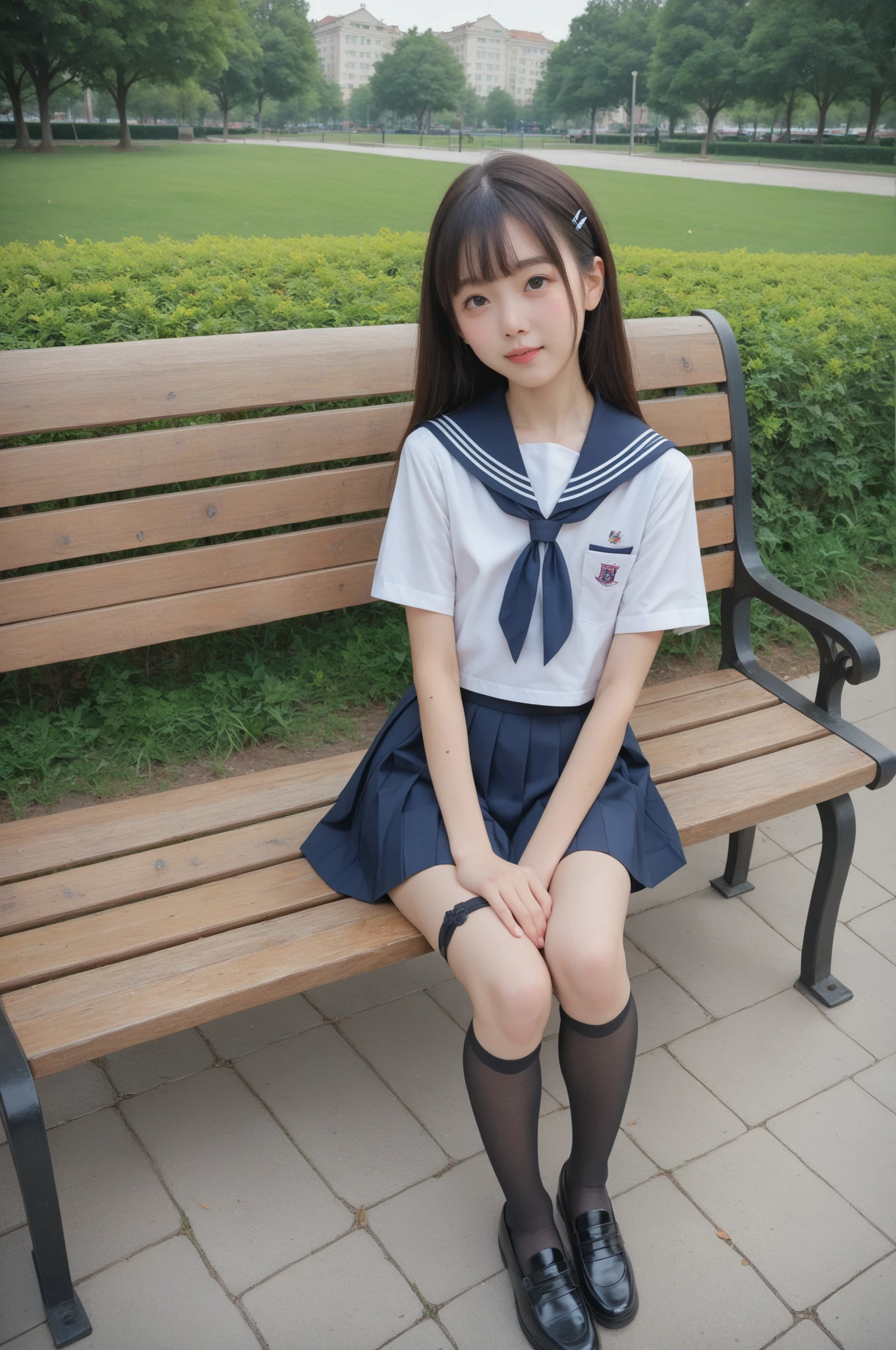   sailor suit ,Junior high school students, cute girl,masterpiece,4K,8k,16k,  black stockings,  sit on a park bench , is short