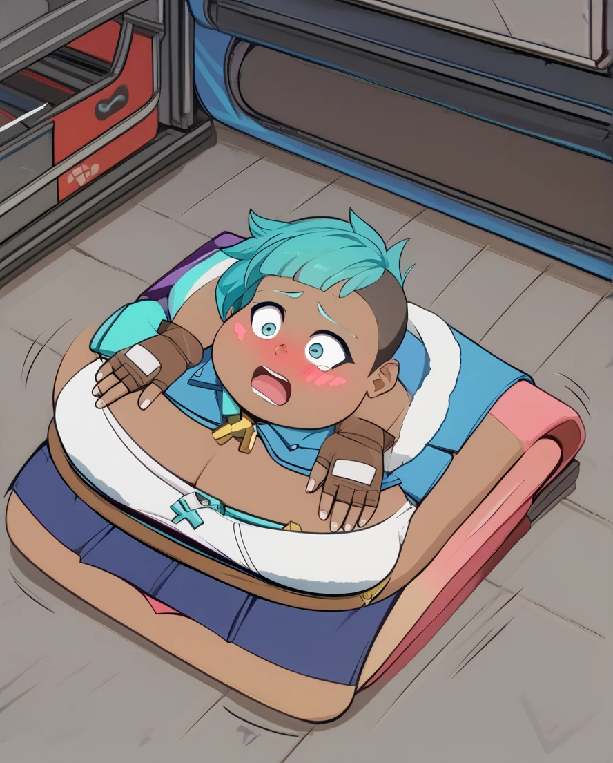 :
peppermint, dark skin, fingerless gloves, pixie cut, dark-skinned female, blonde hair, brown gloves, blue eyes, multi colored hair, blue hair, side buzz cut, obese, shocked, blush , on back, paper thin, flattened girl, flattened, on floor, lying on floor, roll press, factory, rollers,(towel body:1.3)