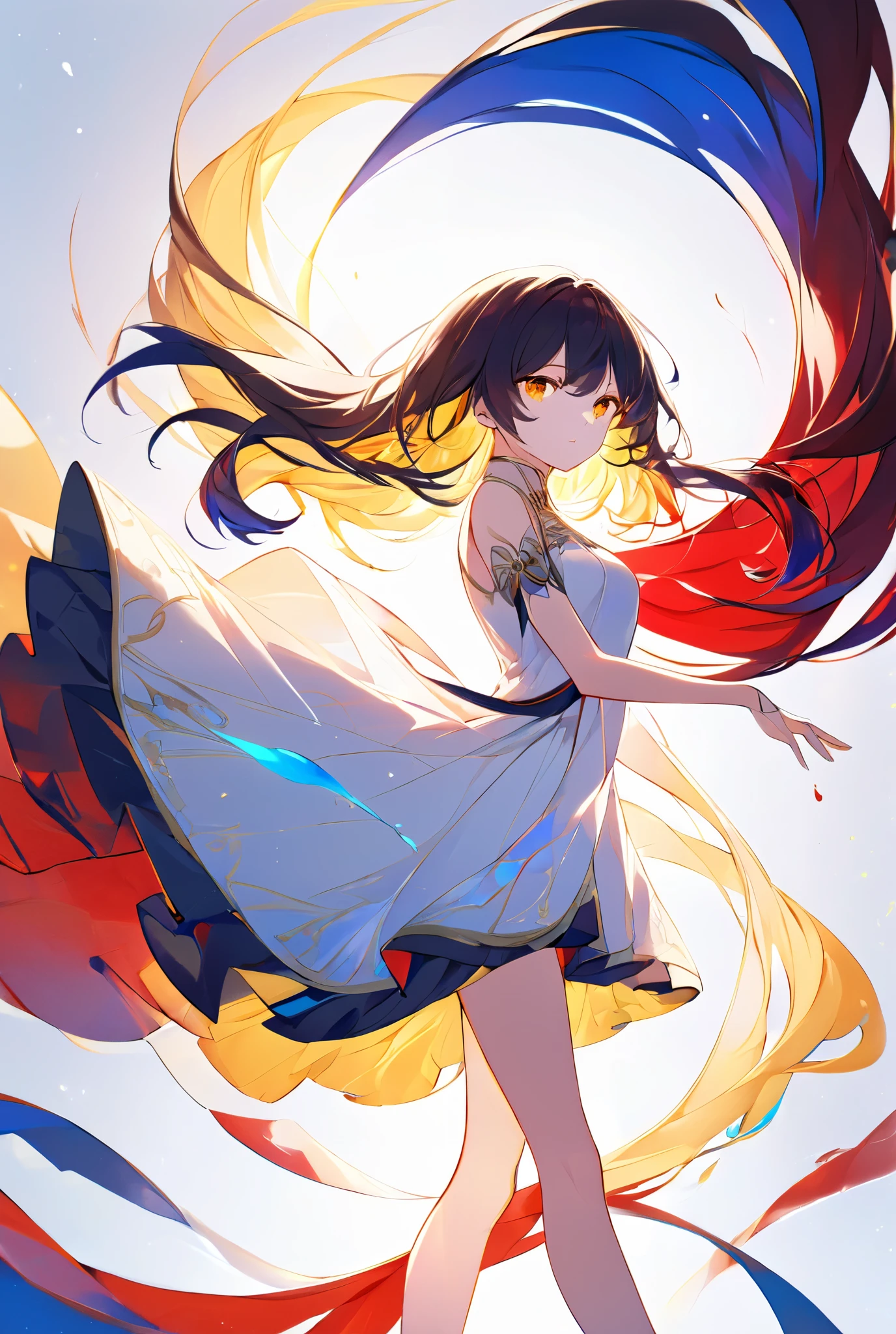 An anime artwork of a young girl standing in a luminous white space, where streaks of radiant ink-like colors flow and twist around her. The hues of red, blue, and yellow create a dynamic contrast against the pure background, forming a visually balanced and elegant composition. The intricate detailing of her outfit adds depth and sophistication to the scene.