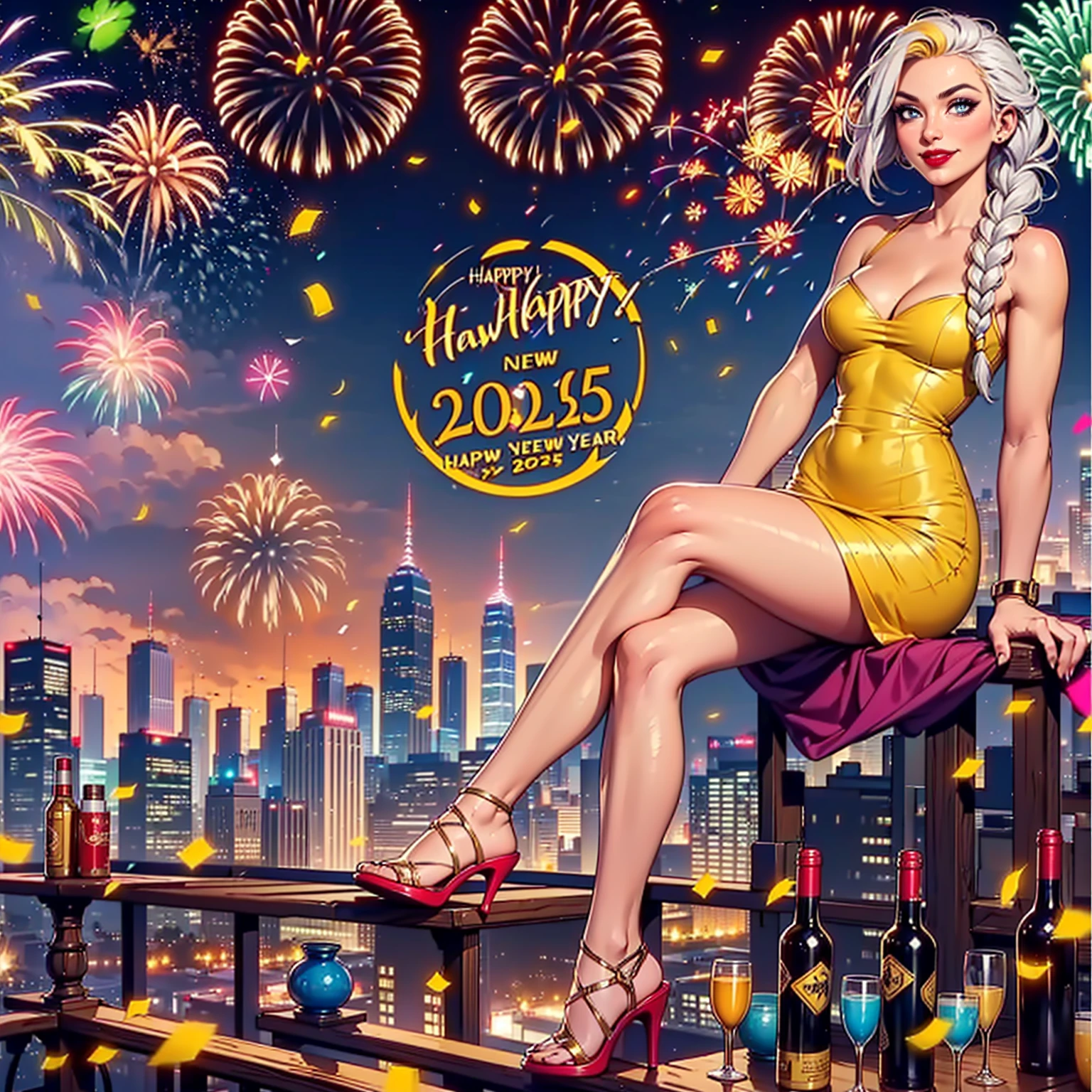 nsfw, photorealistic, beautiful face, (masterpiece:1.4), (best quality:1.4), extremely detailed, hyper-detailed, soft lighting, 45 years old pin-up woman standing in jubilant pose with champagne glass in her hand, big breasts, hard nipples, short blonde hairbun, shaved pubic area, (perfect_face), dressed in a short semitransparent golden dress, high heels , intricate, 4k, detailed_background, full_body, realistic, 8k, sexy, very cheeky smile, very challenging facial expression, dimmed light and a firework in the backround