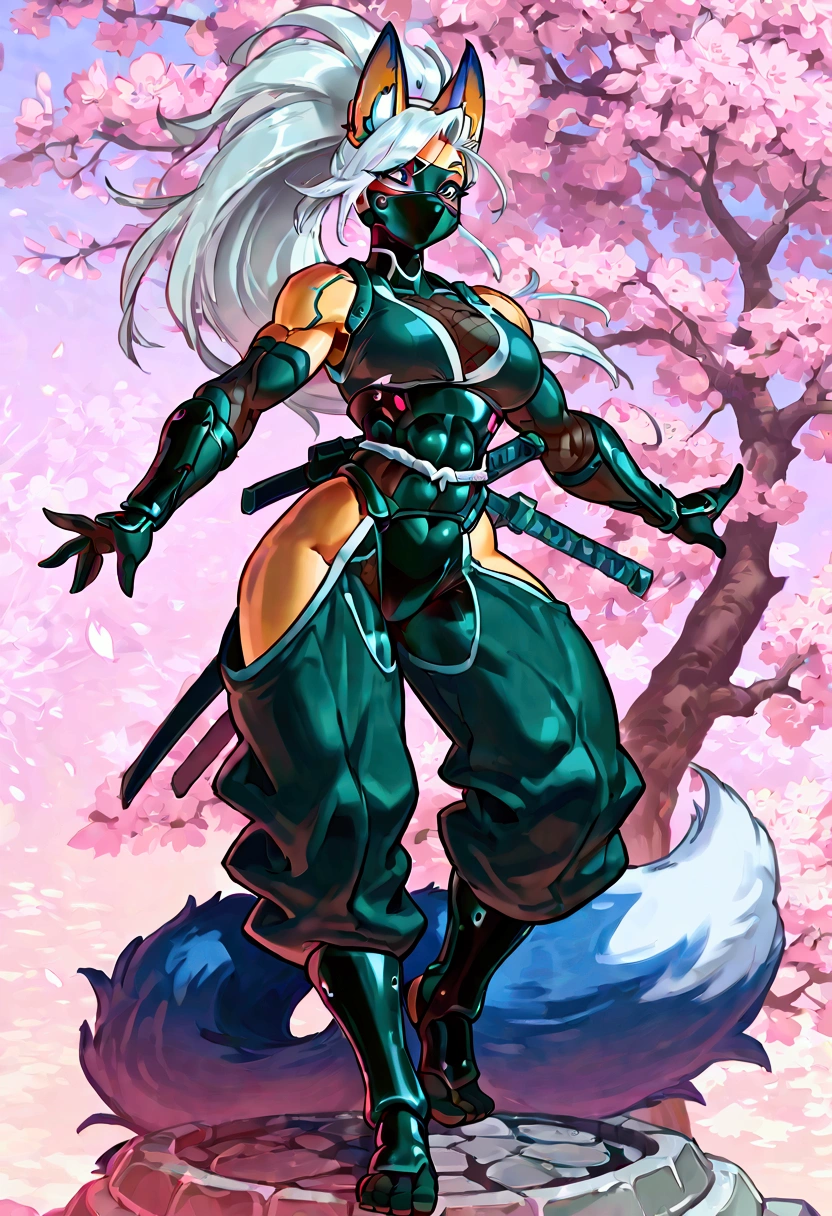 Anthropomorphic fox, female, sexy, ninja clothes, ninja mask, well-toned abs, stealthy, ninja attack, cherry tree blossom background, cyberpunk, long hairstyle