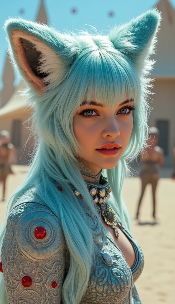 A pretty girl in a furry out fit, that looks like she came from Burnig Man
High Resolution, Blue eyes, Fox Ears, 