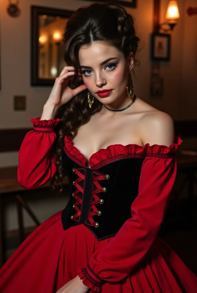 Slim tall athletic woman, age 25, 8k (High definition), looks like ElenaKoshkaQuiron, beautiful, blue big bug eyes, dressed as a prostitute in the old west, big 1800s style red and black dress, long sleeves, corset, 1800s style hairstyle, curky thick black hair, hair up, curvy, small perky breasts, old western saloon background