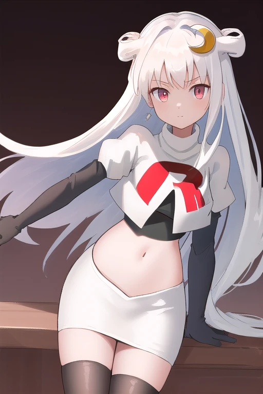 masterpiece:1.2,best quality:1.2, incredibly absurdres, absurdres, highres, wallpaper, colorful, anime,
1girl, solo, vampire \(azur lane\), , white hair, long hair, twintails, red eyes, team rocket,team rocket uniform,white skirt,red letter R,crop top,black thigh-highs,black elbow gloves