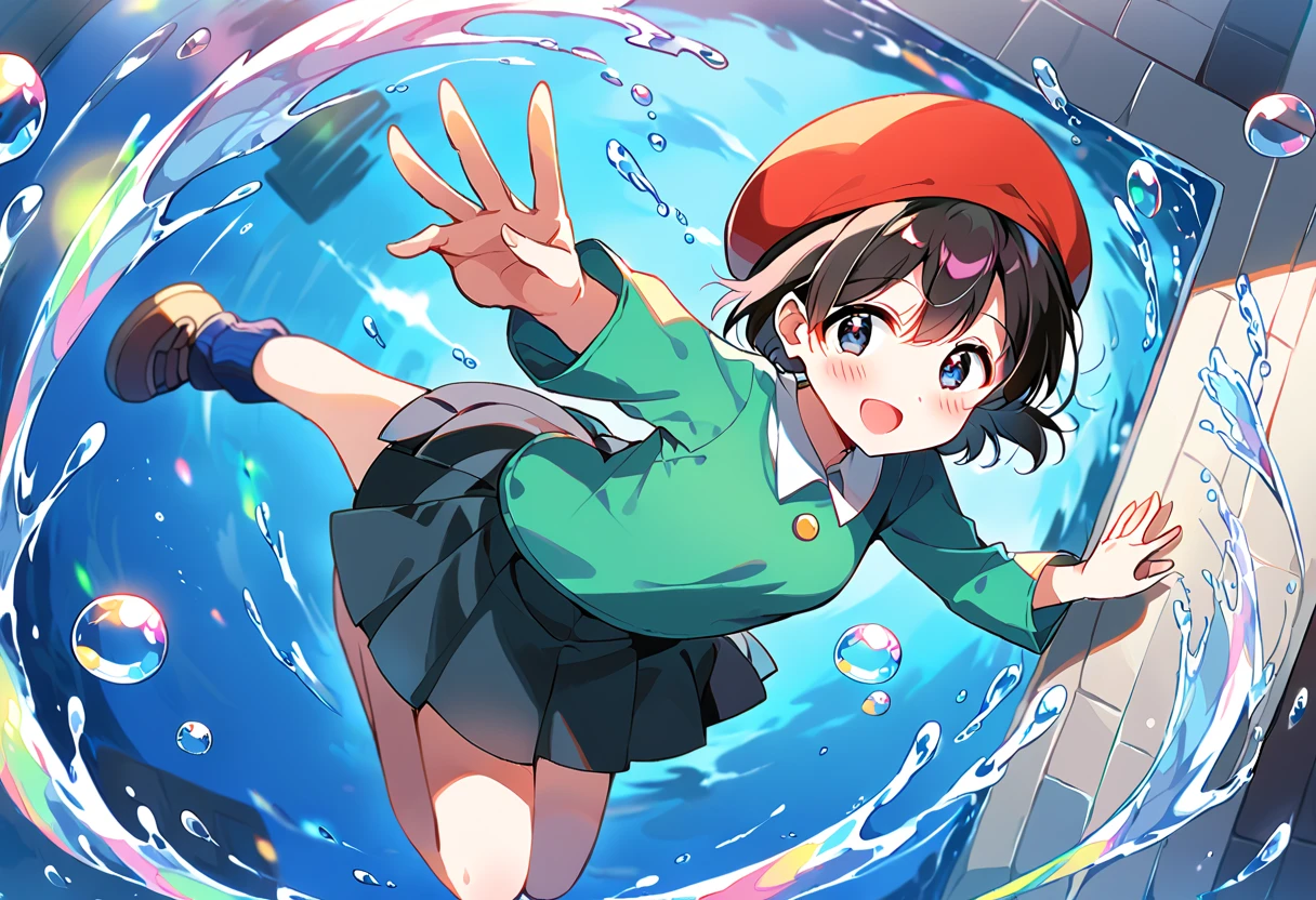 uncensored, score_9, score_8_up, score_7_up, source_anime, masterpiece, rating_safe, (perfect hands,perfect anatomy), best angle, uncensored 1girl, (Adeleine), Red Beret, Green long shirt, Black Skirt, loose socks, shoes, smile, Pulling on skirt、Raise your hands、(Standing up)、Upper Body、Splash art anime、In the water，水のbubble，bubble, 水でDrowning、Skirt fully open、Long wide skirt、(from above), full body, looking at viewer, indoors, open mouth, (In the waterに胸まで浸かる)、Water Play, ***********************、upskirt、Cute pose、blush、Watery eye、(Lots of water)、Wet、(The skirt flips up、Floating on the surface of the water)、Drowning、(partially underwater shot), Swimming pool