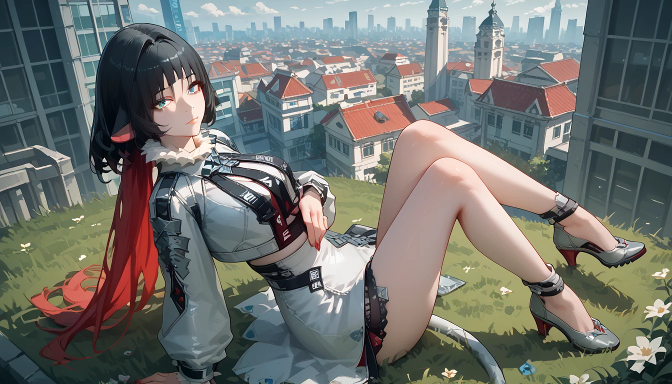 yanedoe- zzz, aqua eyes, long hair, black hair,  red hair , Animal ears,  looks at the viewer, Above the building,I look at the city, sexy clothes , sitting on the grass,  legs raised up , erotica, very sexy,  sexy pose, summer dress,  sexy clothes ,