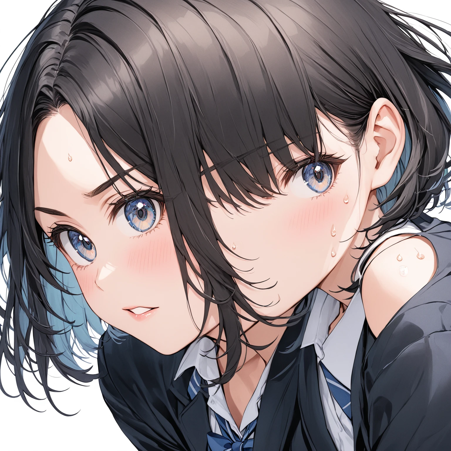 a beautiful girl in a school uniform, staring directly at the viewer, with sweat on her cheeks and forehead, blushing with a lovestruck expression, large droopy eyes, v-shaped eyebrows, slightly parted lips, long black hair in a bob cut, wearing a black blazer, skirt, and a cute ribbon, against a transparent background, masterfully rendered in high resolution with exceptional detail and quality, created by a manga master