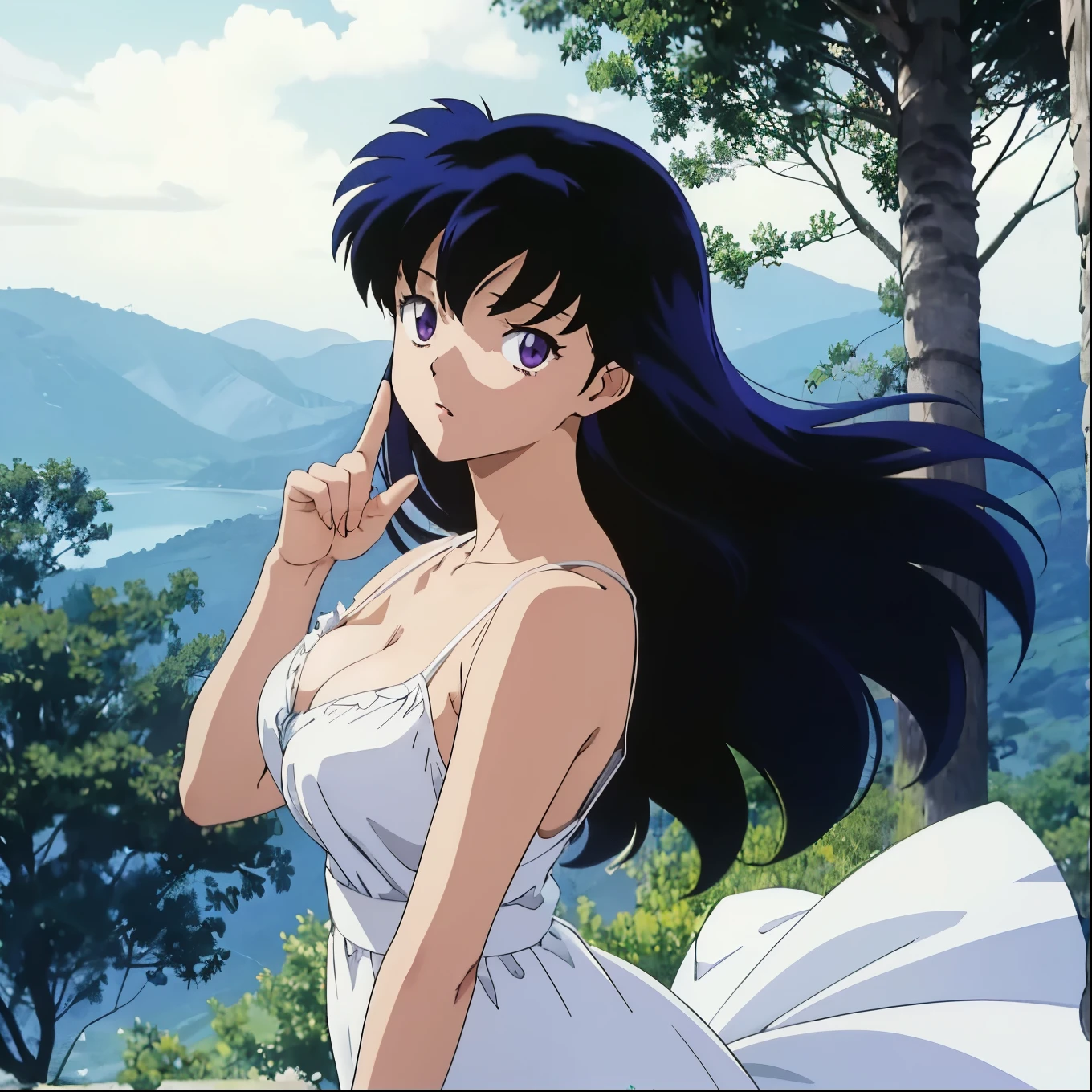 Masterpiece, best quality, highres, highly detailed, 1 girl, higurashi kagome, long hair, black hair, purple eyes, large breast, white lingerie dress, inside, bedroom background, perfect finger shape, the number of  is not excessive, the number of fingers is perfect,