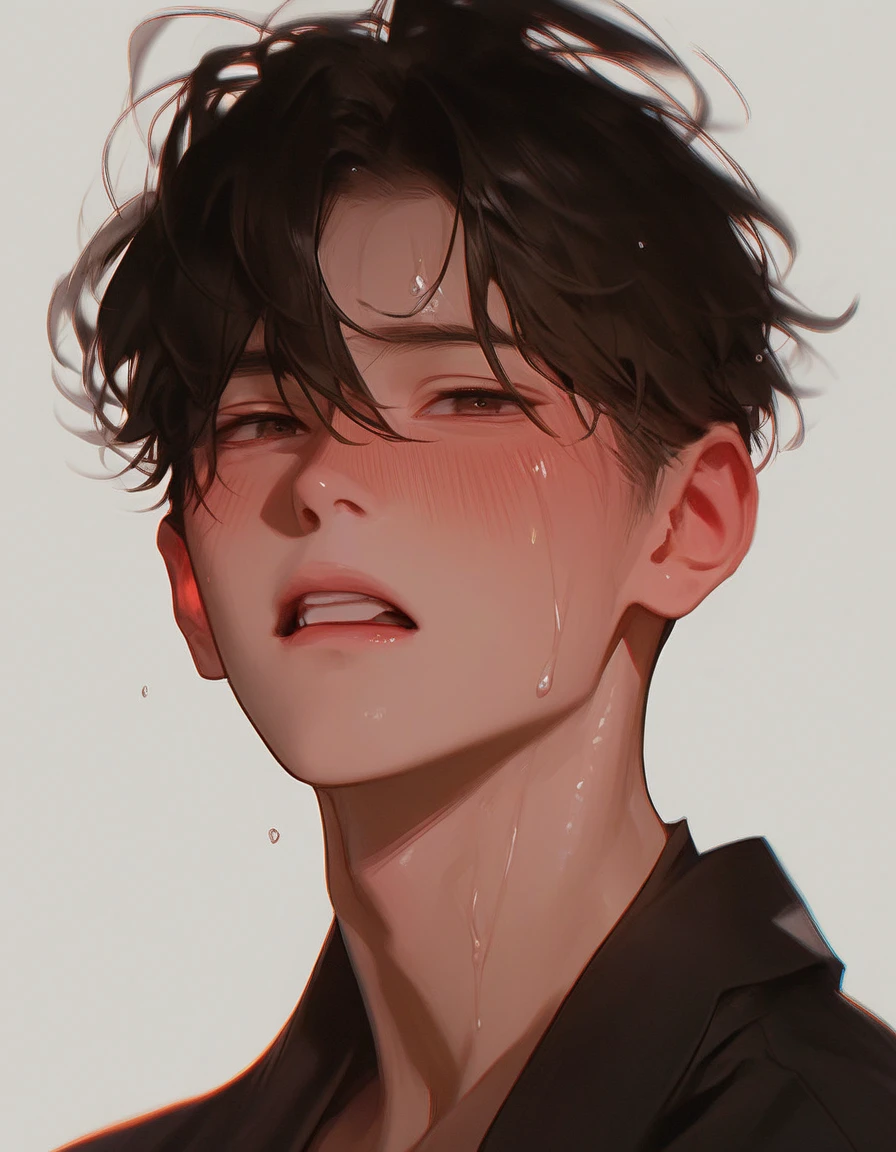 Take a picture , white background, Take a picture The sun shines on him, Korean comic style , a male classmate , he looks up at the camera ,Young and energetic, is in good shape , strong smooth skin,Reach out,wet hairstyle , a handsome face and a small face , Sweating,Gasp , blush,An 18-year-old boy , Glamorous Eyes