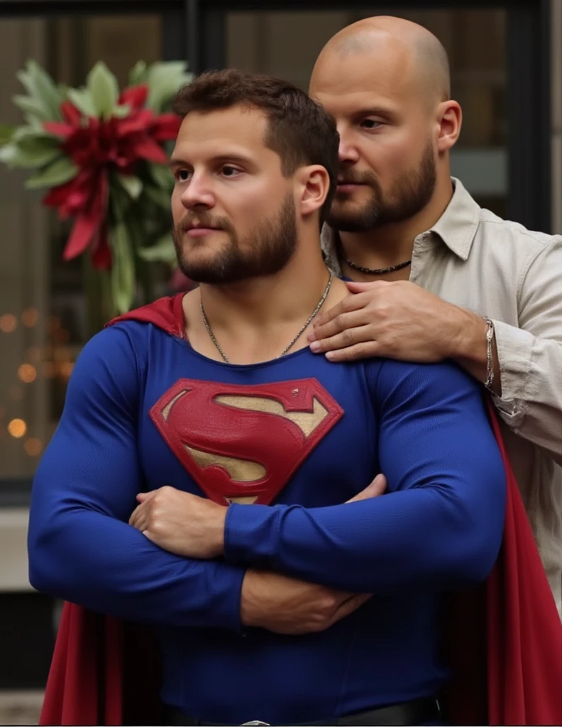 Supermanwearing Blue tight-fitting superman suit, upper body, arms crossed .Superman gives himself to Lex as a Christmas present. Behind superman standing is Lex .Lex is bald man wearing an unbuttoned  white denim shirt, touching Superman's chest with his hands.