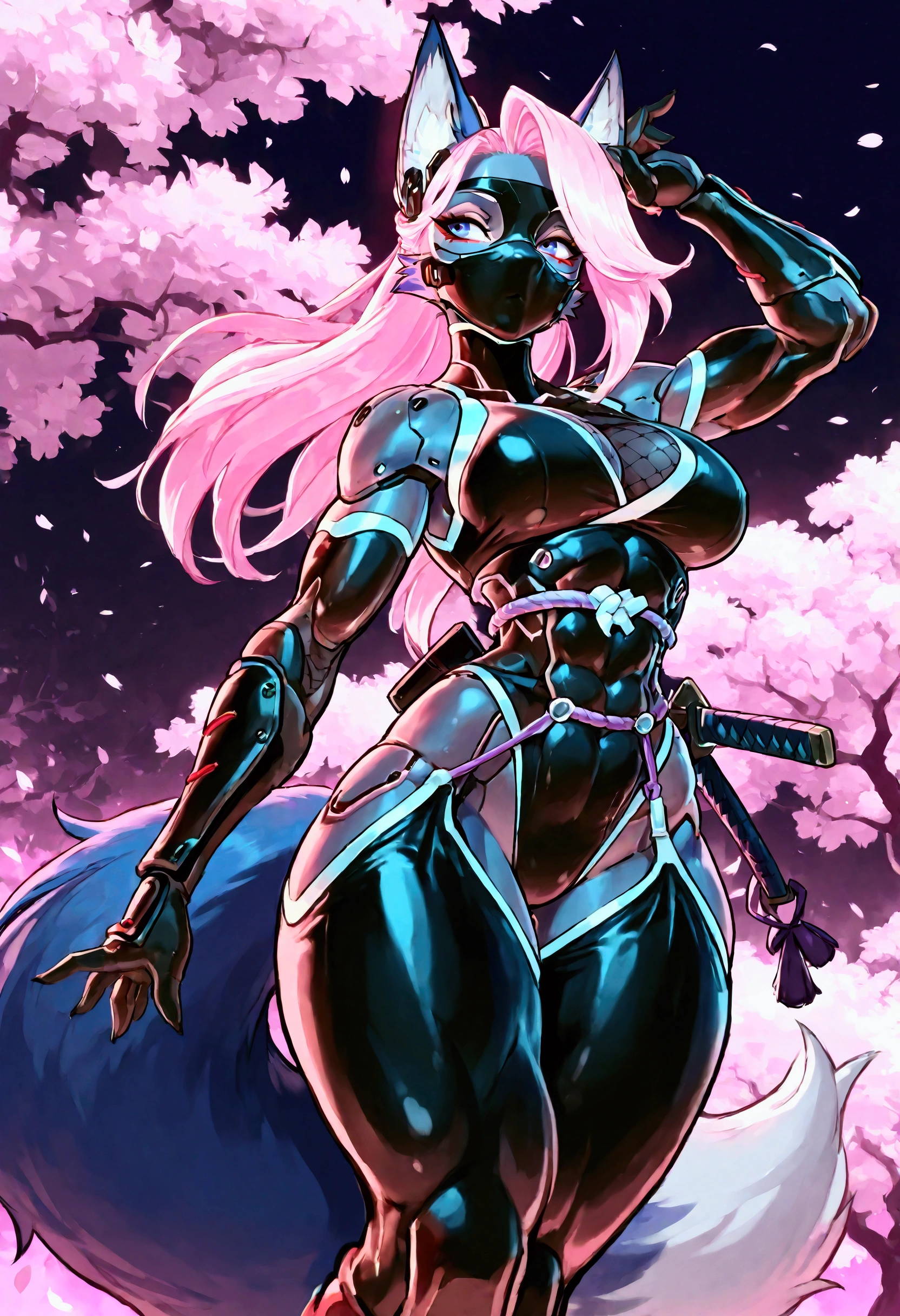 Anthropomorphic fox, female, sexy, ninja clothes, ninja mask, well-toned abs, stealthy, ninja attack, cherry tree blossom background, cyberpunk, long hairstyle