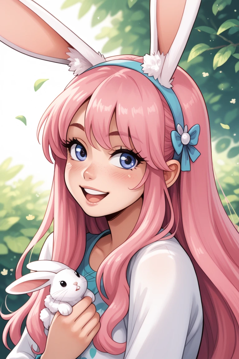  anime style,  A close up of a cartoon of a woman with the ears and tail of a rabbit., With rabbit tail,  with rabbit ears , girl design, times, retrato, giesha, Anime image,  long hair,  pink hair ,  hair covering the ears , happy, polished and powerful look, exotic, high  