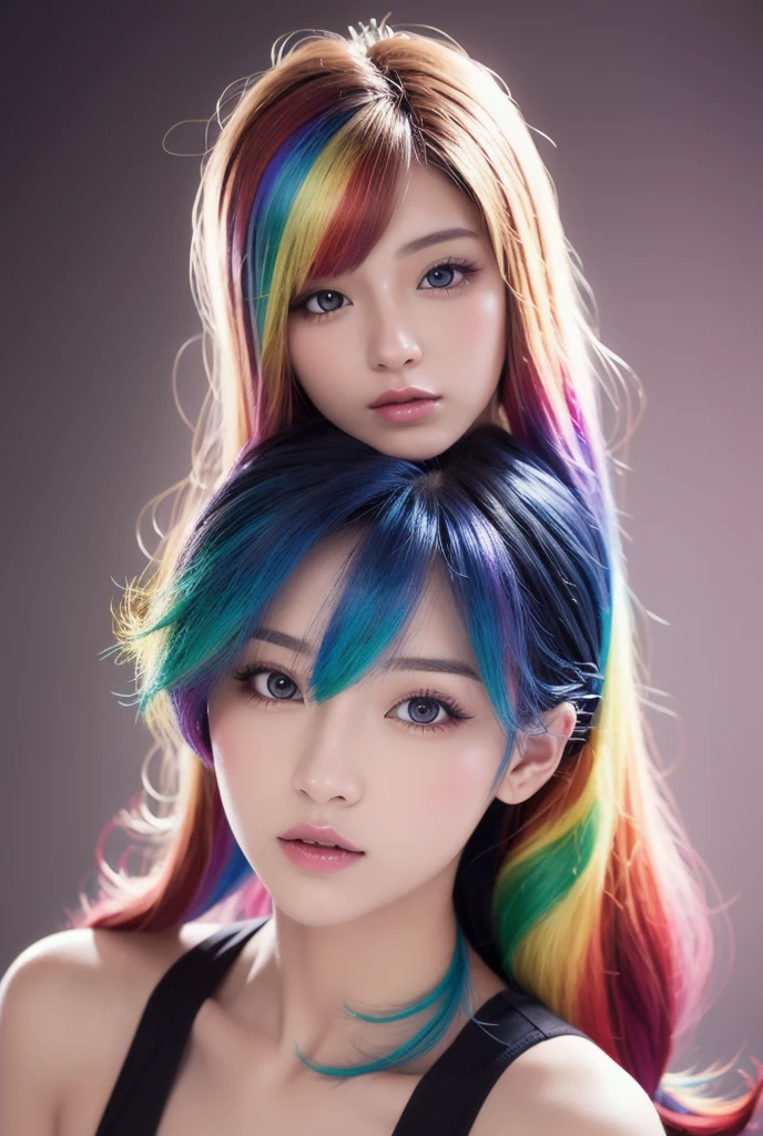 6 headshot photos in one photos, extremely beautiful woman with multicolored hair, laying on a white bed, looking at the camera man, multicolored garter set,