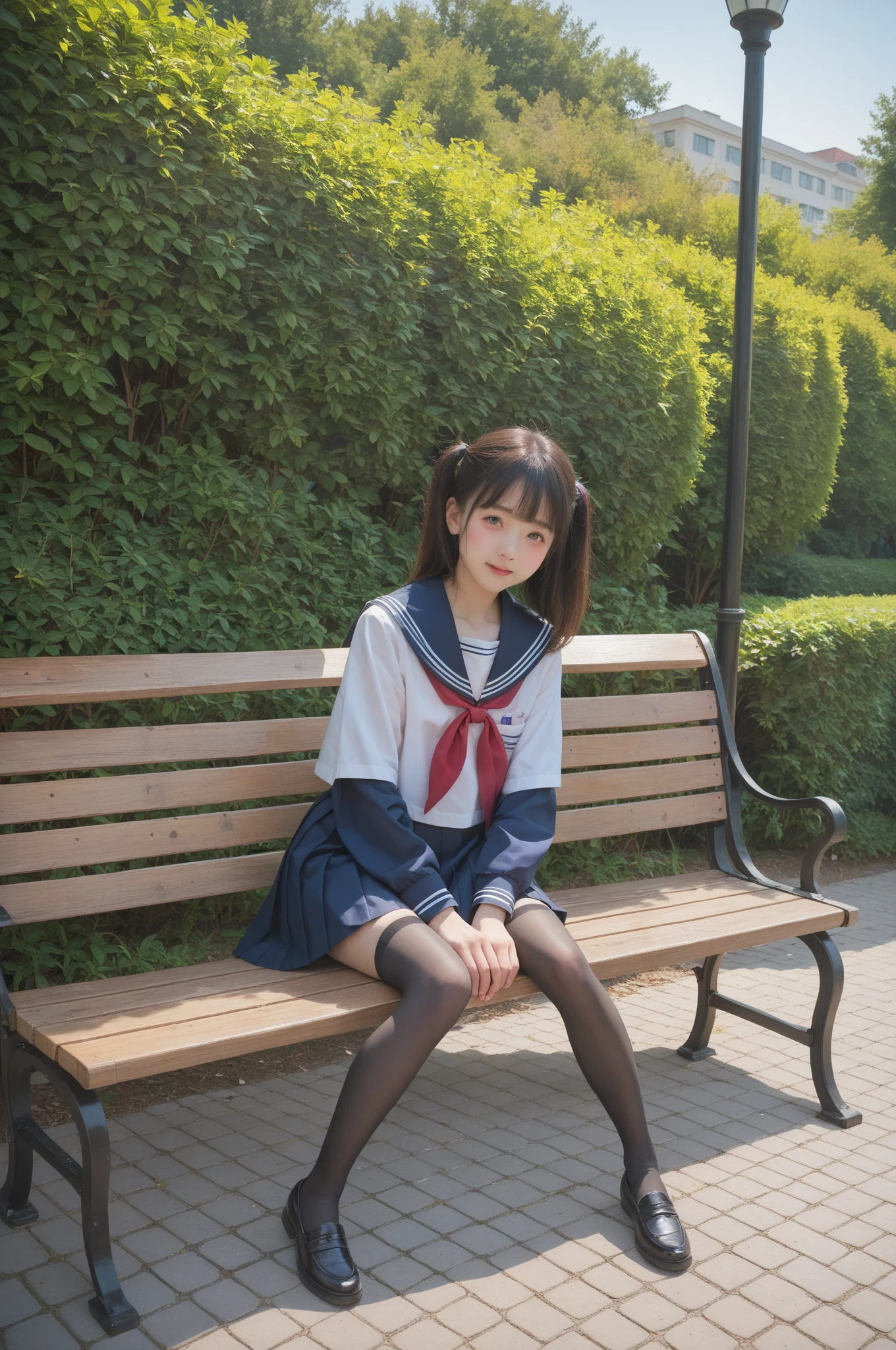   sailor suit ,***************************, cute girl,masterpiece,4K,8k,16k,  black stockings,  sit on a park bench , is short