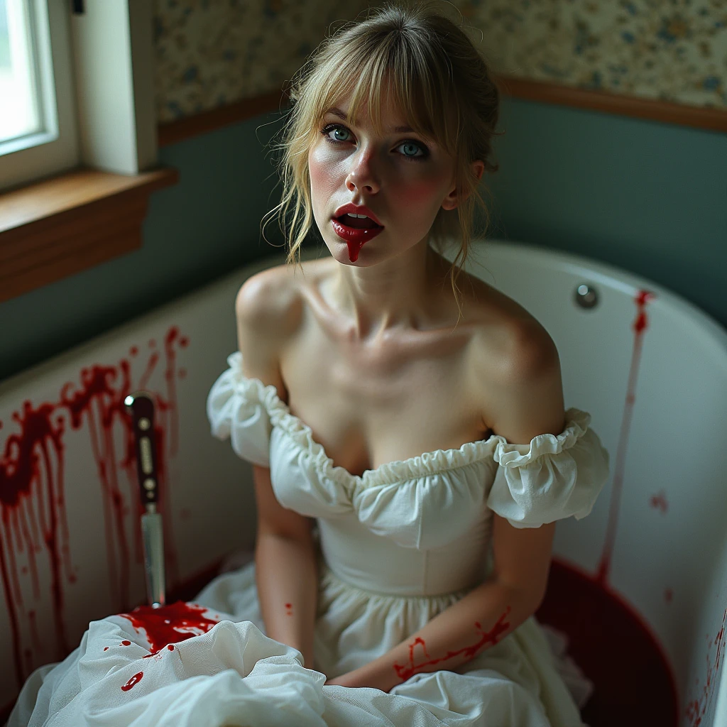 A platinum blonde vampire in a black dress is holding a beautiful brunette girl in a white dress from behind. (((Some blood is dripping from the female vampire's mouth.))) The beautiful girl is in a trance and the female vampire is satisfied. They are in the pretty girl's room with the moonlight coming through the window. Bats are flying out the window. cena noturna, Tiro de lente de 35mm nuas fazendo sexo oral
