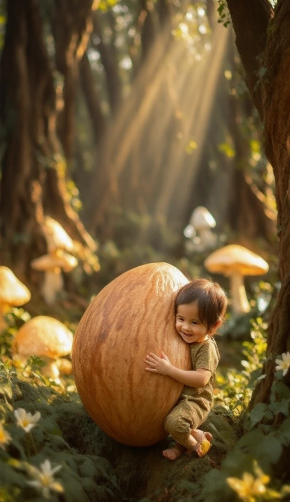 A stunning 3D render of a  toddler hugging a massive almond while exploring an enchanting magical forest. The forest is filled with glowing mushrooms, luminescent flowers, sparkling crystal-like trees, and a soft mist that adds a dreamy atmosphere. The toddler, dressed in a charming fairy-tale-inspired outfit, looks delighted and full of wonder. The scene is illuminated by warm, magical light, with golden rays filtering through the trees, enhancing the fantastical and whimsical ambiance.