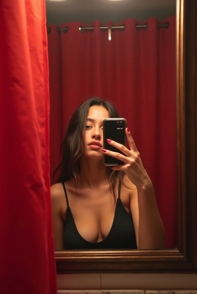 (photorealism:1.2), indian girl, taking mirror selfie with iphone, brown body, long straight hair, plain black wardrobe covers the background, sides of mirror hidden, dark room, mild spotlight from above, topless, crumbled maroon tshirt on one hand, front shot, full body shot, standing confidently, full body naked, nipples hidden by long hair, no clothes, face hidden by phone, eyes hidden by phone