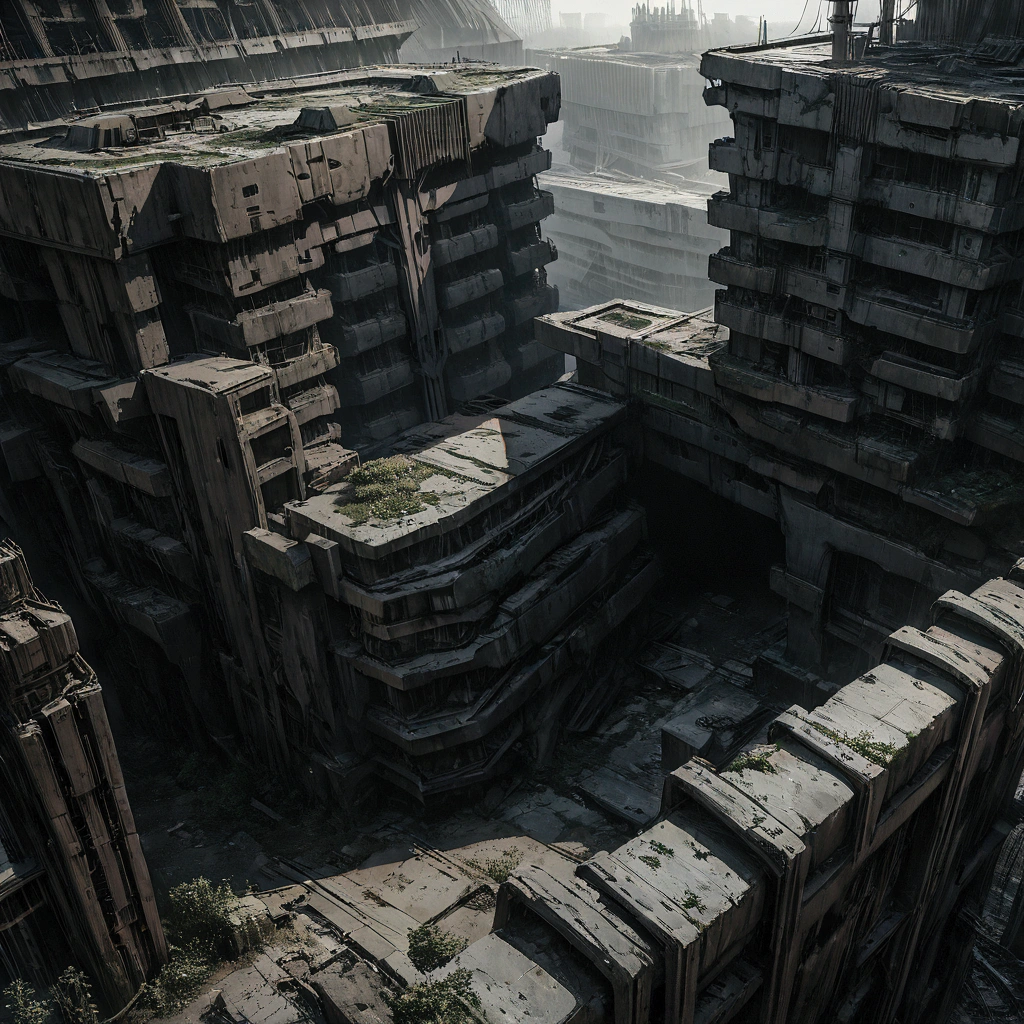 a highly detailed dystopian metal fortress, massive walls and architecture, grim militarized cityscape, post-apocalyptic environment, view from above, surrounded by desolate wasteland, dark moody color palette, cinematic lighting, advanced futuristic technology, intricate detailed structures, decaying industrial aesthetic, abandoned and overgrown, crumbling ruins, ominous atmosphere, (best quality,8k,highres,masterpiece:1.2),ultra-detailed,(realistic,photorealistic,photo-realistic:1.37),cinematic lighting,dramatic shadows,moody atmosphere,cinematic composition,intricate greebles,decaying industrial,advanced technology,post-apocalyptic,dystopian,dark fantasy,grim,militarized