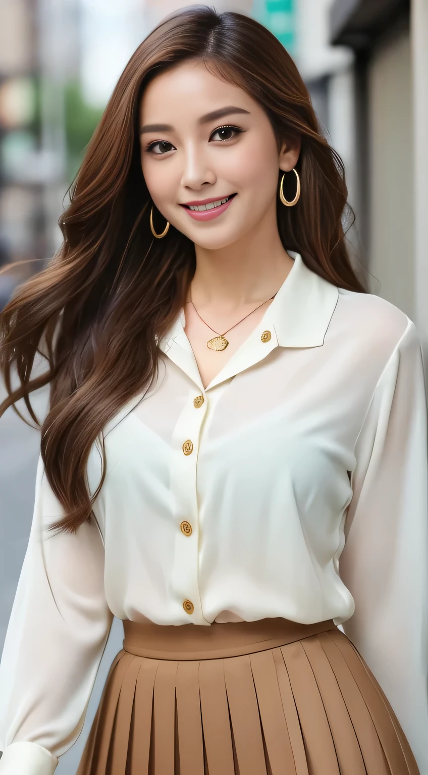 masutepiece, Best Quality, Photorealistic, Ultra-detailed, finely detail, High resolution, 8K Wallpaper, 1 beautiful woman,, light brown messy hair, in a business suit, sharp focus, Perfect dynamic composition, Beautiful detailed eyes, detailed hairs, Detailed realistic skin texture, Smiling, Close-up portrait, Model body type、((Super long brown hair:1.2))、((Hair with loose waves inside:1.2)),((shy smile:1.3)),((gold necklace_Large earrings:1.2)),full body shot、(((full figure supermodel standing, full body shot, entire body in frame))),((white long sleeve button up blouse_with collar_Remove up to the second button_brown pleated mini skirt:1.3)),((With a smile_running towards here_Long hair fluttering:1.3))