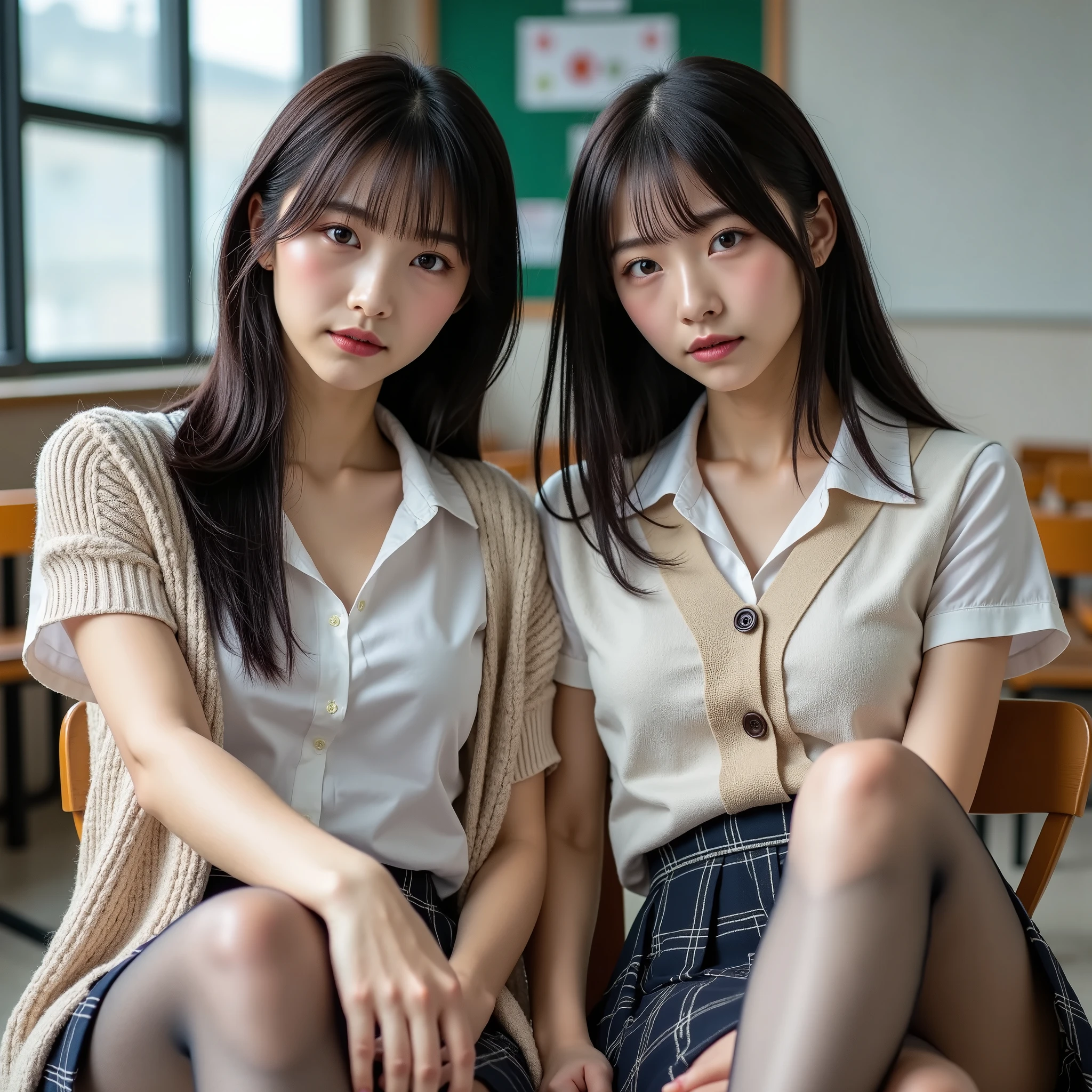 『 The atmosphere of the face and hairstyle is different2 Japanese girls:1.9』『 real photo:1.3』 top quality :1.2、(( Big Breasts ))、 showing slight cleavage 、(( young woman))、(( has red cheeks))(( smiling :1.3))、((( anatomically correct、 Perfect Anatomy、 anatomically correct指)))、 realistic , top quality , 超 high res, RAW photo, (Curvy body)、(((8k、 high res、 top quality 、 high res)))Alone、 Natural Body Shapes、 white skin、Natural Cosmetics 、(( black hair、bangs、 long straight hair ))、((()))、 sitting、(Sit at the top of the tower:1.4)、(())、((((( full body photo)))))、((( stares at the camera)))、((( wear a uniform on the upper body )))、classroom、((( High School))) 、(( white long sleeve collared blouse ))、(( beige cardigan ))、(( dark blue plaid pleated skirt、 miniskirt、 Ultra Realistic Pantyhose))、、、 are expressionless、(( Exposing Thighs )), beautiful mature woman