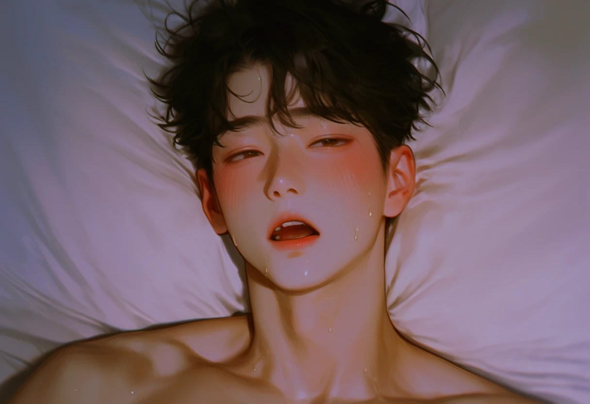 Take a picture ，White bed， is in good shape ， smooth skin ， Korean comic style ， a male classmate ， and look up at the camera，Young and energetic， is in good shape ，Strong white skin ，Reach out，wet hairstyle ， a handsome face and a small face ， Sweating，Gasp ， blush,An 18-year-old boy ， Glamorous Eyes 