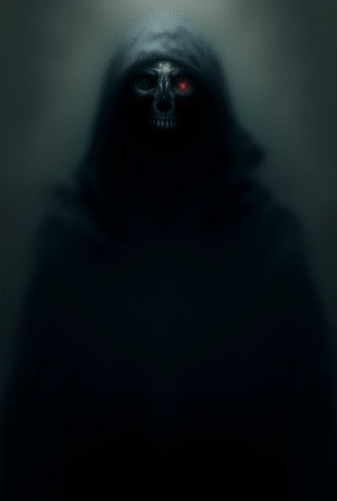 Full body shot, fantasy, Dark, horror, female verion of death, moody, Dark, muted colors, Simple brush line, oil painting, sexy and scarry, visible deep Red glowing eyes of hooded skull, Expressiveh