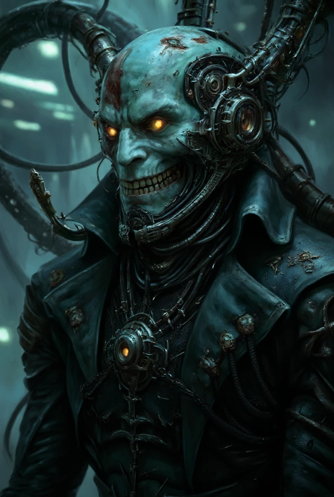 Subject: An alien vampire zombie steampunk robot with a face-on portrait perspective. Artistic Style: A fusion of sci-fi, gothic, and steampunk aesthetics, blending futuristic technology with Victorian-era machinery and supernatural elements. Camera Setting: Face-on portrait perspective to capture the detailed features and expression of the character. Description: The character should have a striking and otherworldly appearance, combining elements of alien, vampire, zombie, and robot characteristics. The alien features could include exotic skin textures, unusual facial proportions, and distinctively shaped eyes or appendages. Incorporate vampire traits such as sharp fangs, pale skin, and a mysterious aura, suggesting a creature of the night. Include zombie elements such as decaying flesh, exposed mechanical components, or cybernetic implants integrated into the body. The steampunk influence should be evident in the character's attire and accessories, with brass gears, clockwork mechanisms, and Victorian-era clothing fused with futuristic elements. Emphasize the character's robotic nature with metallic limbs, mechanical joints, glowing circuitry, and integrated steam-powered technology. Focus on capturing the character's expression, whether it's an eerie grin, a menacing glare, or a stoic demeanor, conveying its unique blend of sci-fi horror and steampunk mystique.Subject: An alien vampire zombie steampunk robot with a face-on portrait perspective. Artistic Style: A fusion of sci-fi, gothic, and steampunk aesthetics, blending futuristic technology with Victorian-era machinery and supernatural elements. Camera Setting: Face-on portrait perspective to capture the detailed features and expression of the character. Description: The character should have a striking and otherworldly appearance, combining elements of alien, vampire, zombie, and robot characteristics. The alien features could include exotic skin textures, unusual facial proportions, and distinctively shaped