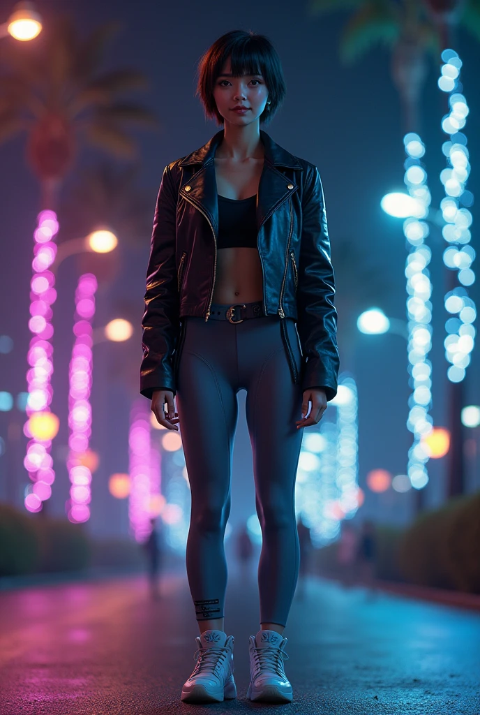<lora:Thai_pants_v1-000009:1> masterpiece of photorealism, photorealistic highly detailed 8k photography, best cinematic quality, volumetric lighting and shadows, wavy hair black young woman in thpnt, Futuristic Cyberpunk Cityscapes Dynamic Striding Perspective, Mid-Step