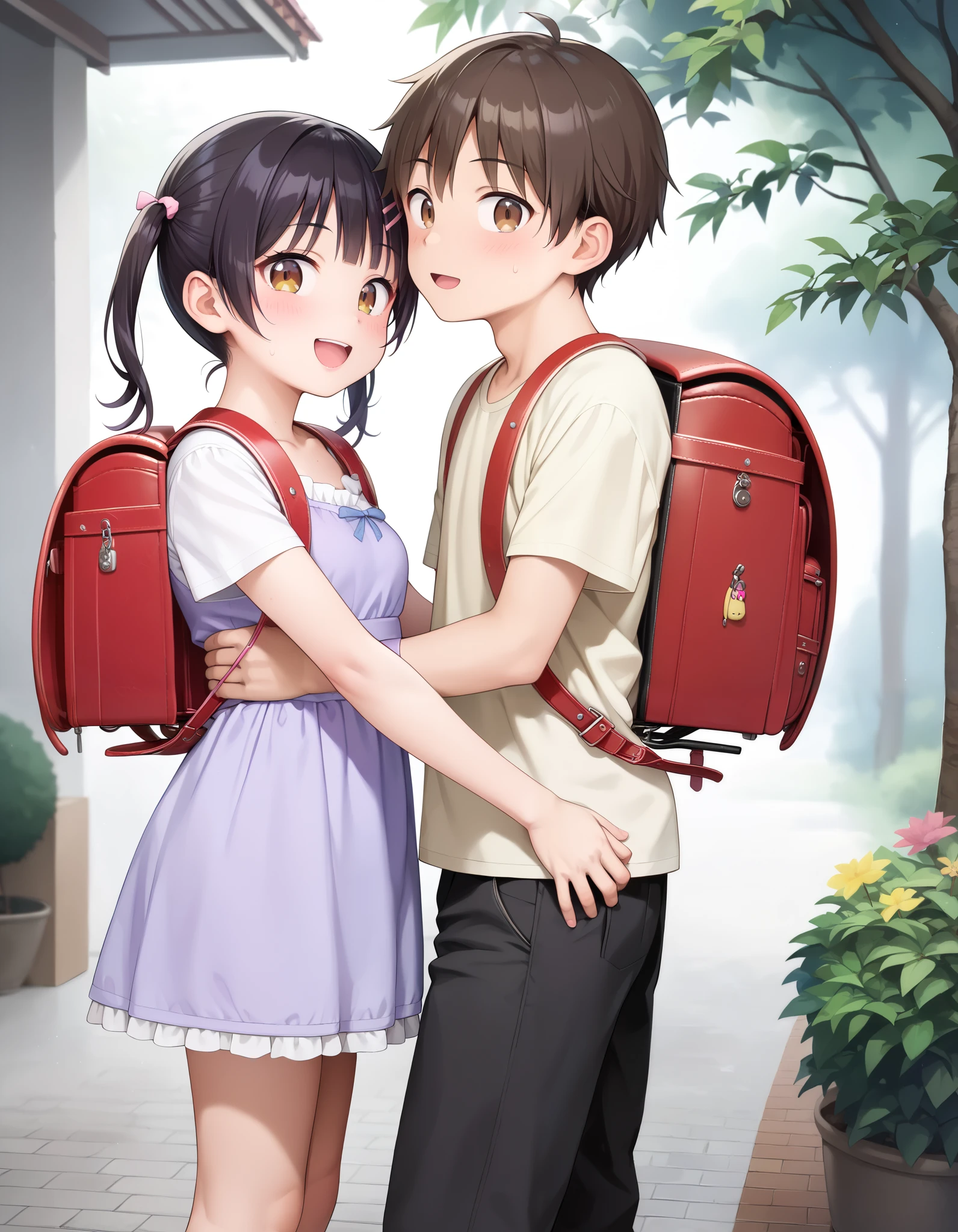 Masterpiece, hd, 2d, anime, couple, different body height, 2 persons, ((1boy, tall body, Asian boy, cute kawaii boy, black straight hair and brown eyes, wearing black backpack, wearing wt-shirt, shortpants)), ((1girl,(l1ttlegirl), short body, Slender body, small breasts, thing leg, Asian girl, kawaii portrait, cute kawaii girl, short girl, short body height, (l0li in dress), black twintail hair and brown eyes, wearing red backpack, wearing party dress)), wearing casual clothes,smile,  standing, outdoor, , looking at viewer