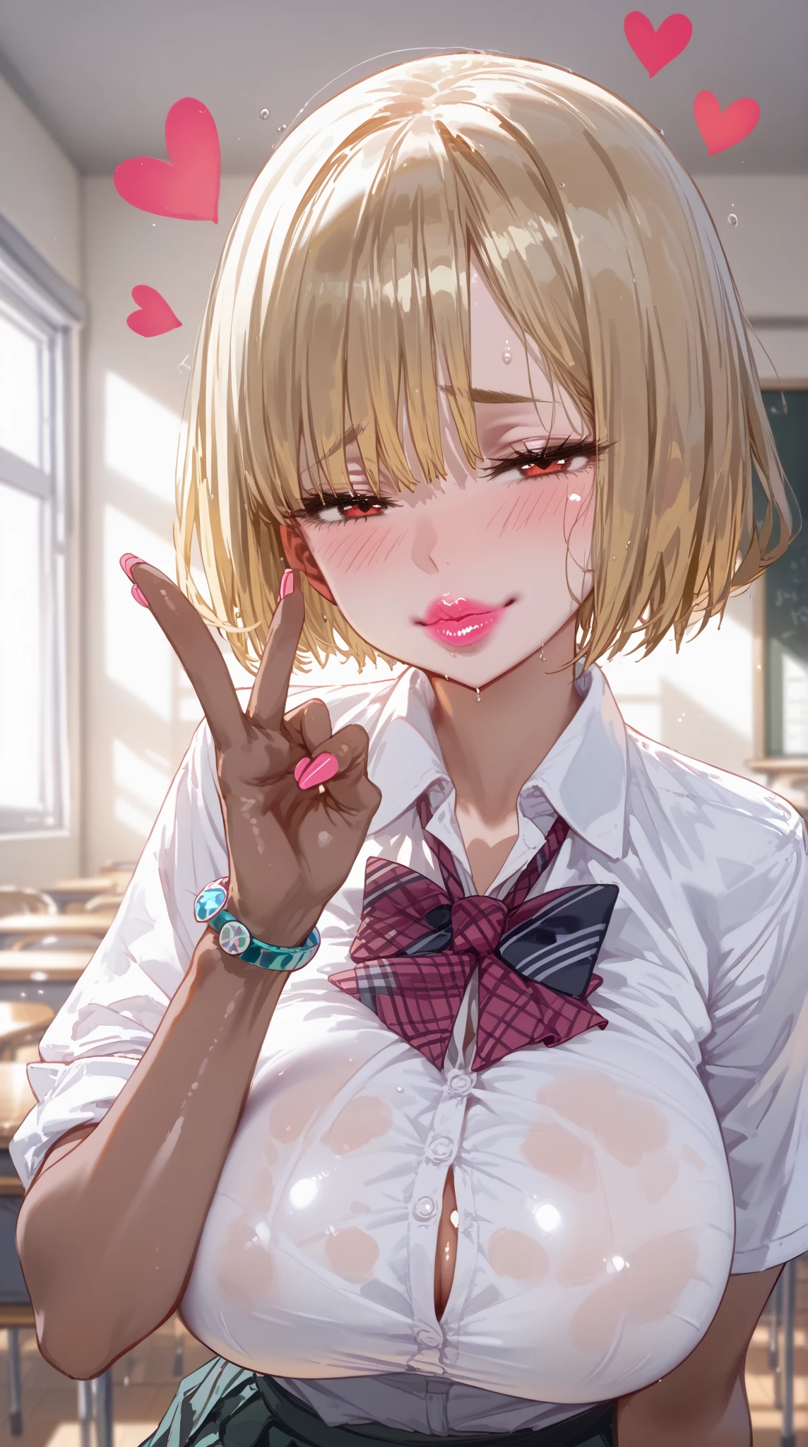 (masterpiece, best quality), NSFW, 1girl,
BREAK blush, naughty face, nervous smile,(half-closed eyes:1.1),
BREAK girl, 10yo, loli, huge breasts, (blonde hair, (short hair):1.3), pixie cut, red eyes, (oily skin, shiny skin, Thick lips、fluorescent pink lipstick gloss、dark skin:1.4), heart neckless,
BREAK school uniform, (shirt tucked in, white collared shirt:1.3), button gap, sleeves rolled up, bracelet,
BREAK cleavage
BREAK black pleated skirt, miniskirt, black socks, loafers,
BREAK classroom, (penetration gesture:1.4),